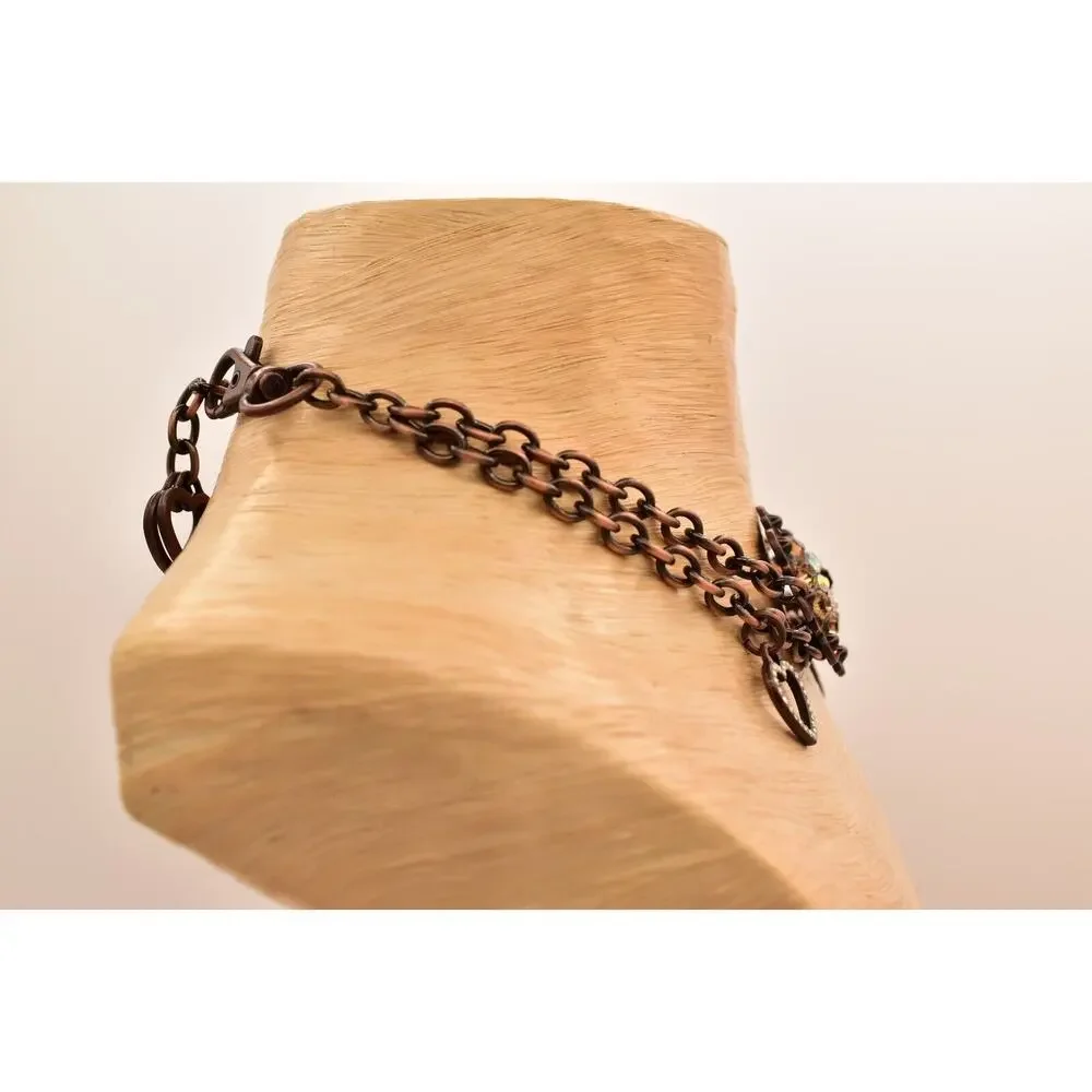 Vintage Crystal Choker Necklace Crystal Heart Flower Charm Copper Tone Y2K BinBE